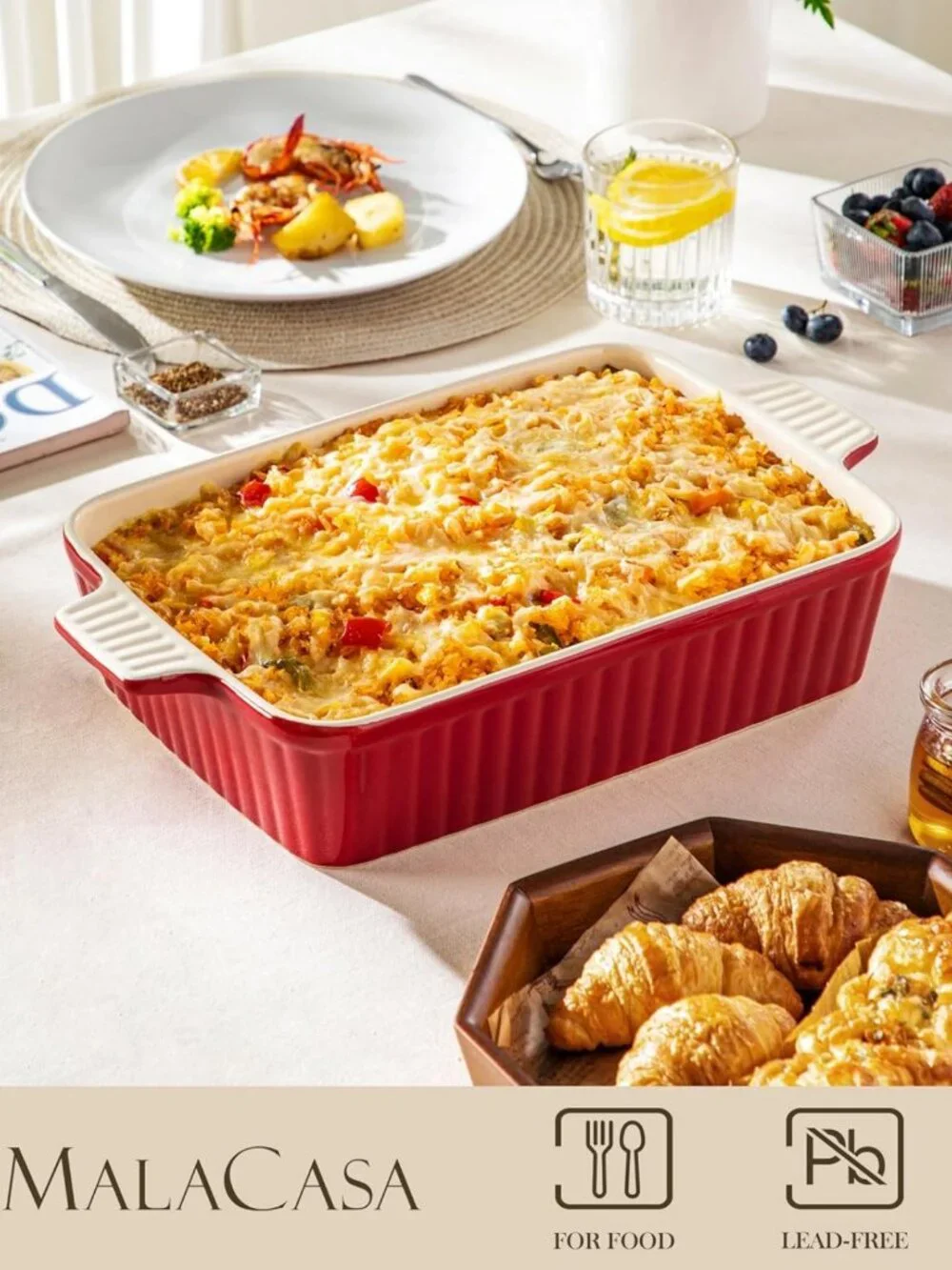 Large 9x13 Ceramic Baking Dish, 4.4 QT Casserole Pan with Handles, Oven